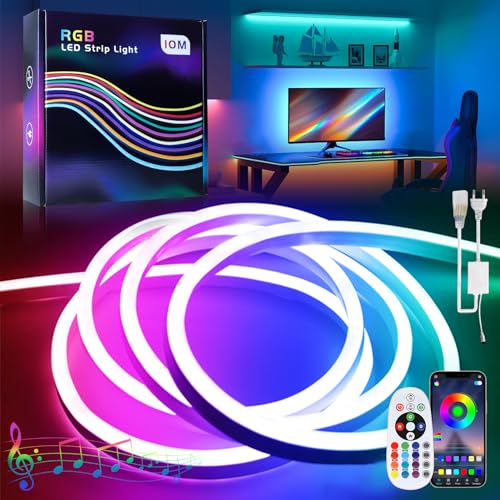 BAGZY Neon LED Streifen, RGB 15M Neon LED Strip 230V Aussenbereich IP65 Wasserdicht Flexibler,mit Fernbedienung,Bluetooth App-Steuerung DIY Lichtband, mit Netzteil, Musik Sync,für Innen Outdoor - Rgb - 15M