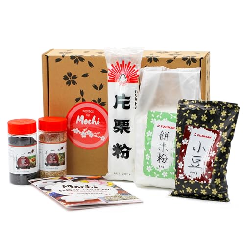 Mochi Kochset für japanische Klebreiskuchen (6-teilige Box, inkl. Rezeptheft) | Mochi selber machen: Mochi Eis, u.v.m., glutenfrei & vegan, Geschenkidee | mit Klebreismehl, Sesam & Adzukibohnen