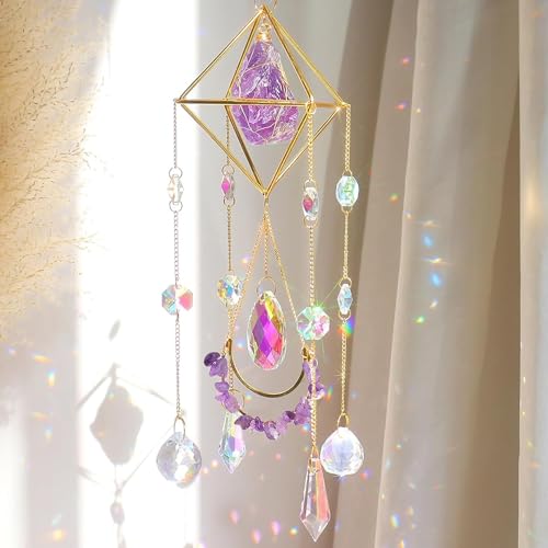 YeahBoom Sonnenfänger Kristall Fenster,Kristall Anhänger Deko,Fensterdeko Hängend,Kristall-Sonnenfänger,Regenbogen Sonnenfänger Kristal,Regenbogen Kristalle Anhänger,Zuhause Gartendeko - Lila