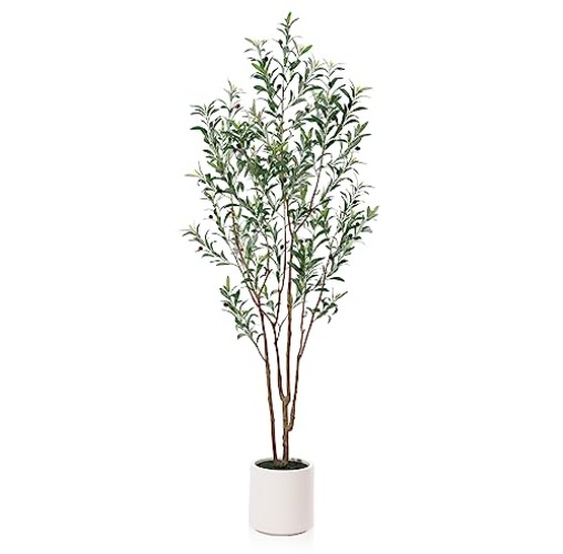 LOMANTO Artificial Olive Trees, 7 ft Tall Fake Olive Trees for Indoor, Faux Olive Silk Tree, Large Olive Plants with White Planter for Home Decor and Housewarming Gift, 1 Pack - 7 Ft