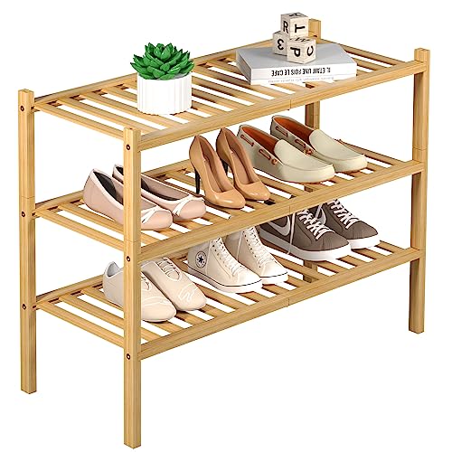 ROMGUAR CRAFT 3 Tier Bamboo Shoe Rack for Closet Free Standing Wood Shoe Shelf Storage Organizer for Entryway Small Space Stackable 27"x11"x20" (Natural)