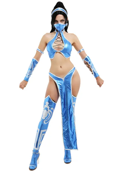 Mortal Kombat 9 MK9 Kitana Split Suit Cosplay Costume Outfit with Wristbands Arm Accessories Stockings Face Mask