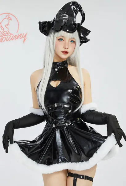 Halloween Gothic Punk Witch Sexy Lingerie Set Black Heart Cutout Dress and Corset with Hat Gloves Socks