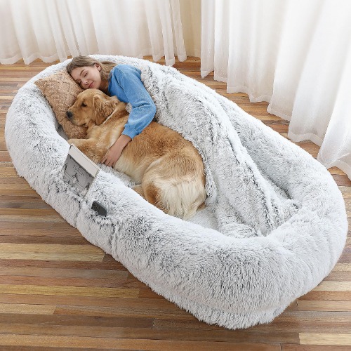 WROS Human Dog Bed, 71"x45"x14" Dog Beds for Humans Size Fits You and Pets, Washable Faux Fur Human Dog Bed for People Doze Off, Napping Orthopedic Dog Bed, Present Plump Pillow, Blanket, Strap - Grey