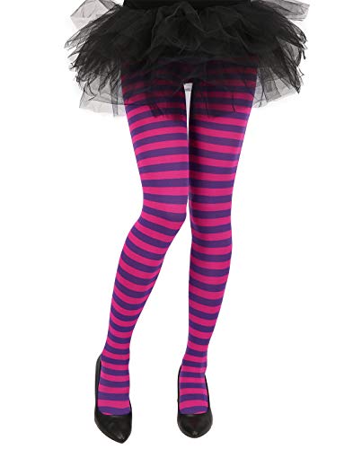 HDE Women's Striped Tights Opaque Microfiber Stockings Nylon Footed Pantyhose - Large-X-Large - C. Purple Pink Cheshire Stripes