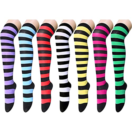 Zmart Striped Thigh High Socks Knee High Socks for Women Teen Girls, Over the Knee Long Socks - Medium - 7 Pairs Striped