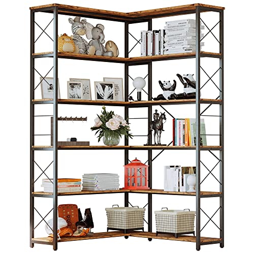IRONCK 6-Shelf Corner Bookcase, Vintage Industrial Corner Bookshelf Etagere Bookcase, 6 Tier Corner Shelf Storage Rack with Metal Frame for Living Room Home Office - 6 Tiers