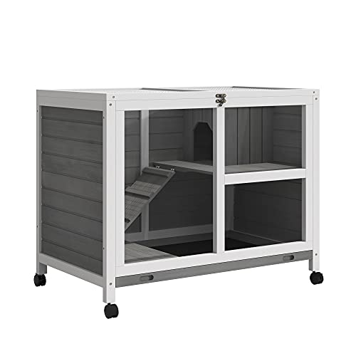 PawHut Indoor Rabbit Hutch with Wheels, Desk and Side Table Sized, Wood Rabbit Cage, Waterproof Small Rabbit Cage, Gray - Grey