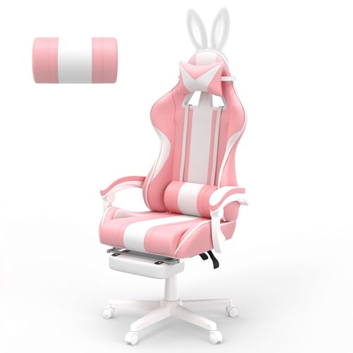 Ferghana Kawaii Light Purple Gaming Chair with Bunny Ears, Ergonomic Cute Gamer Chair with Footrest and Massage, Racing Reclining Leather Computer Game Chair for Girls Adults Teens Kids - Pink