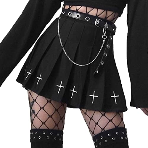 Womens Girls High Waist Pleated Mini Skirt Plain School Uniform Skater Tennis Black Cross Skirt Punk Goth Shorts with Belt - Black - XX-Large