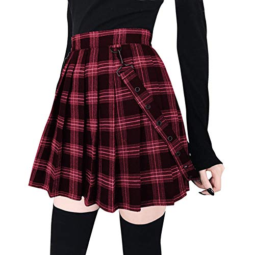 chouyatou Women's Cool Sweet A-Line Decorative Strap Plaid Pleated Mini Skirt - XX-Large - Red