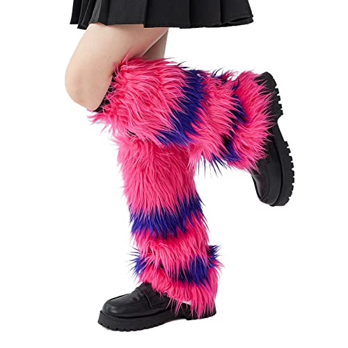 Muineobuka Women Girls Japanese Lolita Leg Warmers Harajuku Gothic Knit Long Socks Winter Goth Boot Gaiters Clubwear - Furry Rosy Pink Purple - One Size
