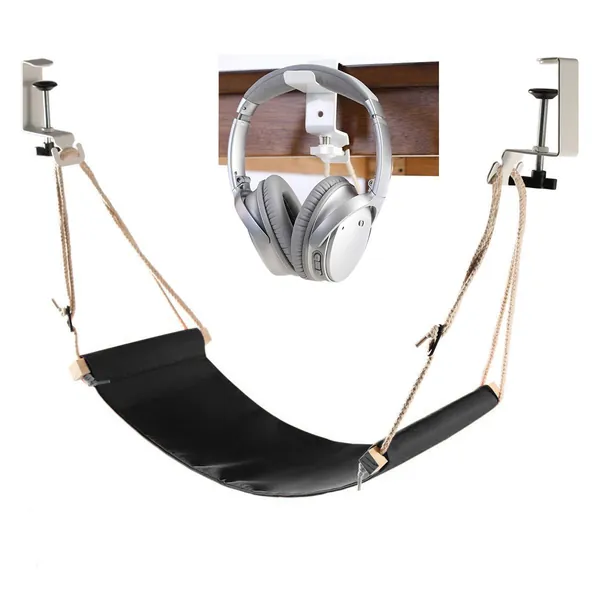 Auoinge Foot Hammock Under Desk Foot Rest | Adjustable Office Footrest with Headphones Holder | Desk Hammock Durable Screw in Rubber Clamps | Black - 