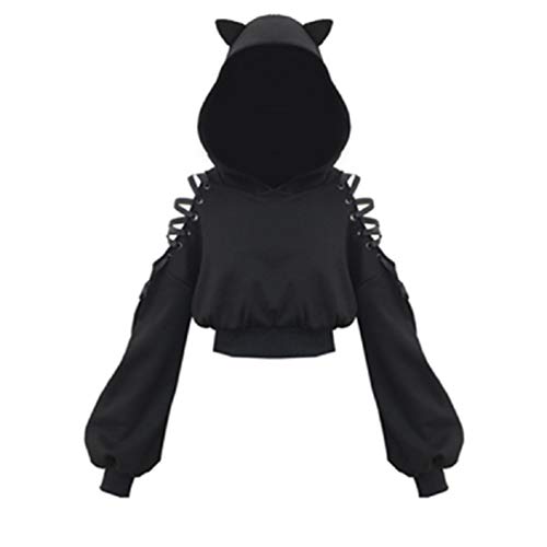 YEMOCILE Damen Cat Ears Black Hoodie Langarm Kapuzenpullover Sweatshirt Hollow Out Gothic Tops Bluse - XL - Schwarz