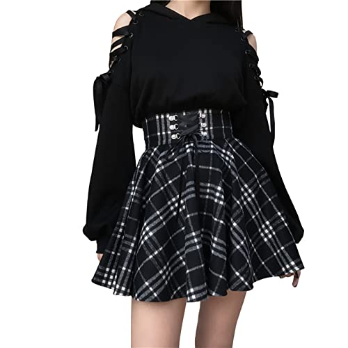 Damen Mini-Faltenrock, kariert, hohe Taille, Gothic-Stil, A-Linie, zum Schnüren - Schwarz - 48