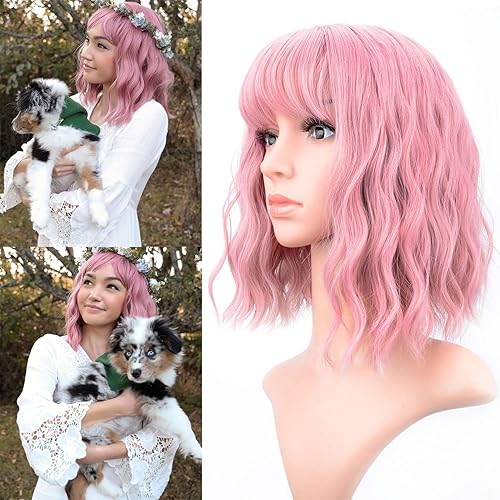 VCKOVCKO Pastel Wavy Wig With Air Bangs Women's Short Bob Purple Pink Wigs Curly Wavy Shoulder Length Pastel Bob Wigs Synthetic Wig for White Women Girls Daily Use Colorful Wigs(12", Purple Pink) - A- Purple Pink