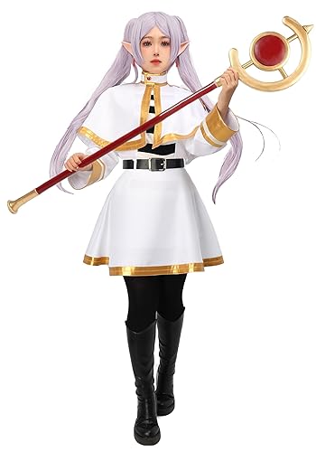 C-ZOFEK Frieren Costume Full Set White Cape Skirt Uniform with Pantyhose Belt Earrings and Elf Ears for Halloween Party - White - X-Large