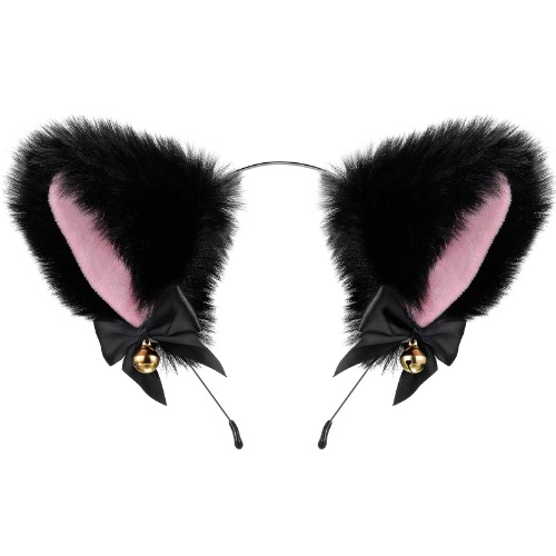 Cat Ears Hair Band Cosplay Cat Ears Hair Accessories Cat Ear Headband with Bells Hair Accessories for Women Girls Daily Decoration and Party (Black with Pink)