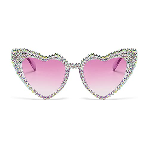 mincl Cute Women Heart Sunglasses Fashion Shiny Bling Diamond Sunglasses Polygonal Pink Rhinestone Sunglasses UV Protection - Purple