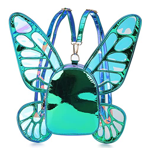 ENJOININ Women's Laser Holographic Backpack Butterfly Angel Wings Casual Daypack Shoulder Bag - Green