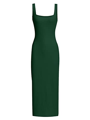 Verdusa Women's Casual Sleeveless Square Neck High Waist Rib Knit Tank Long Dress - X-Large - Dark Green