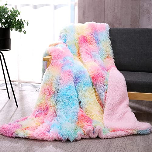 DANGTOP Faux Fur Throw Blanket, Tie Dye Fluffy Blanket, Super Soft Rainbow Blanket for Girls, Luxury Cozy Warm Plush Thick Sherpa Throws for Bed Couch Living Room (Rainbow, 108x90 inches) - Rainbow - 108x90 inches