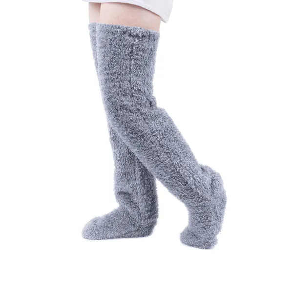 Over Knee High Fuzzy Socks Plush Slipper Stockings Furry Long Leg Warmers Winter Home Sleeping Socks - Grey