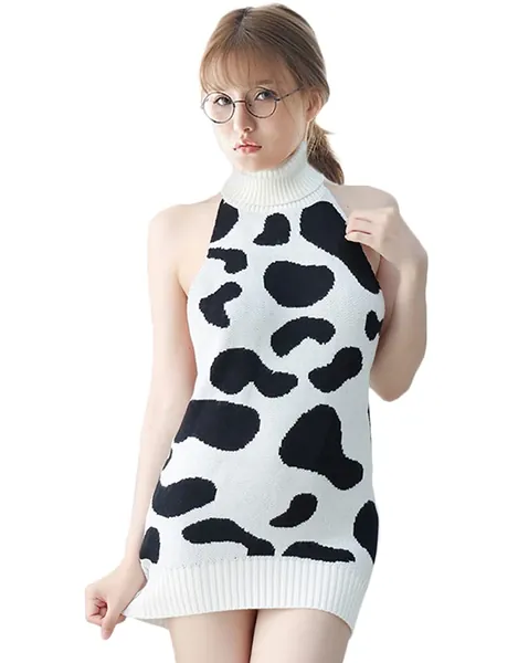 Lucky2Buy Women's Sexy Backless Turtleneck Anime Cosplay Virgin Killer Sweater One-Piece Bikini Knit Tank Top Vest - Cow