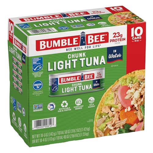 Bumble Bee Chunk Light Tuna In Water, 5 oz Cans (Pack of 10) - Wild Caught Skipjack Tuna - 23g Protein Per Serving - MSC Certified Sustainable Seafood, Non-GMO, Gluten Free, Kosher - In Water - 5 Ounce (Pack of 10)