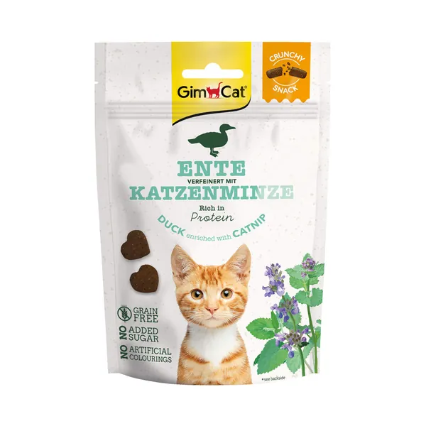GimCat Crunchy Snacks Ente mit Katzenminze - Knuspriges und proteinreiches Katzenleckerli ohne Zuckerzusatz - 1 Beutel (1 x 50 g) - 