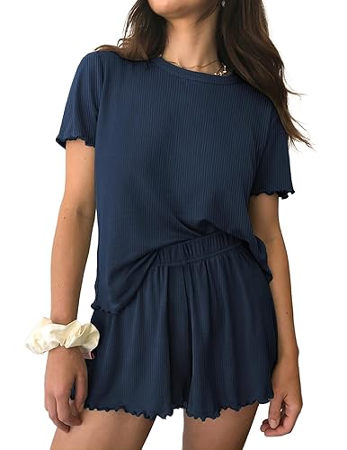 Ekouaer Womens Pajamas 2 Piece Ribbed Knit Pjs Short Sleeve Sleepwear Set Summer Soft Pajamas Set Casual Lounge Sets - Navy Blue - Medium
