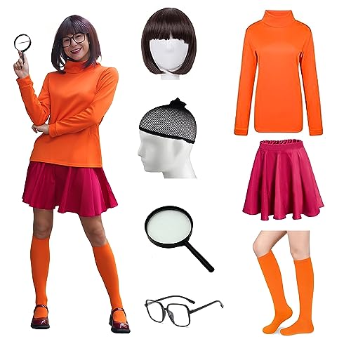 FIHCH Velma Costume Adult Orange Halloween Costumes Sexy Women Cosplay Set Red Skirt Socks with Wig and Glasses - XX-Large