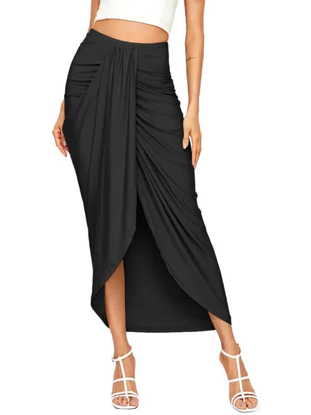 SheIn Women's Casual Slit Wrap Asymmetrical Elastic High Waist Maxi Draped Skirt