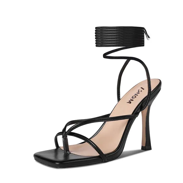 ISNOM Lace Up Heels Sandals for Women, Square Toe Open Toe Thong Strappy Heels Women's Stiletto Heeled Sandals