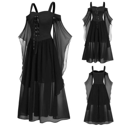 OSFVNOXV Plus Size Gothic Dress Renaissance Bellatrix Steampunk Camisole Off-Shoulder Sleeve Button Irregular Dress - Black XX-Large