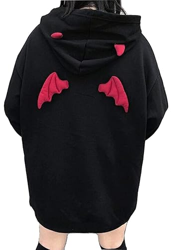 Womens Devil Wings Red Horn Sweatshirt Long Sleeve Hoodie Pullover Hooded Tops - Large - Black