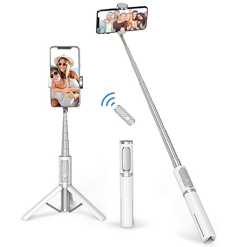 ATUMTEK Selfie Stick Tripod, Extendable 3 in 1 Aluminum Bluetooth Selfie Stick with Wireless Remote and Tripod Stand for iPhone 16/15/14/13/12/11 Pro Max/XS Max/XS/XR/X/8/7, Samsung Smartphones White - White