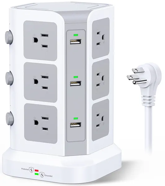 Power Strip Tower by KOOSLA, [15A 1500J] Surge Protector - 12 AC Multiple Outlets & 6 USB Ports, Flat Plug 14 AWG Heavy-Duty Extension Cord 6.5ft, Home Office Supplies, Dorm Room Essentials White - 6.5 ft White