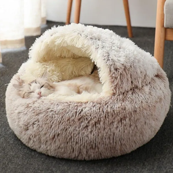 Round Plush Calming Cat Cave by Estilo Living - Coffee Plush / Medium - 50cm (Diameter)