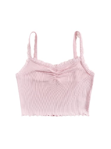 Floerns Women's Contrast Lace Spaghetti Strap Ruched Rib Knit Cami Crop Top - X-Small Light Pink
