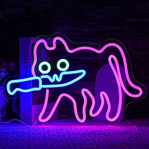 LULANMP Cautiously Cat Neon Sign for Wall Decor Knife Neon Light Adorable LED Neon Sign for Bedroom Zoo Cat Cafe Cat House Store Restaurant Home Kitchen Men Cave Home Bar Decoration(16.9"*12.4") - pink cat