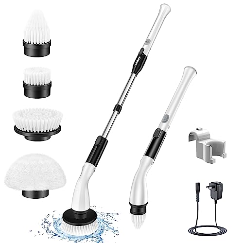 LABIGO Electric Spin Scrubber LA1 Pro, Cordless Spin Scrubber with 4 Replaceable Brush Heads and Adjustable Extension Handle, Power Cleaning Brush for Bathroom Floor Tile (Black) - White&black