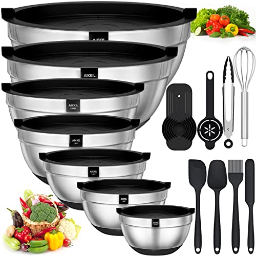 AIKKIL Mixing Bowls with Airtight Lids, 20 piece Stainless Steel Metal Nesting Bowls, Non-Slip Silicone Bottom, Size 7, 3.5, 2.5, 2.0,1.5, 1,0.67QT Great for Mixing, Baking, Serving (Black) - Black