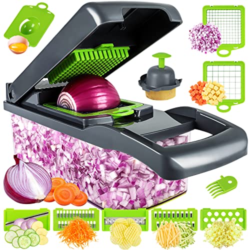 Vegetable Chopper, Pro Onion Chopper, Multifunctional 13 in 1 Food Chopper, Kitchen Vegetable Slicer Dicer Cutter,Veggie Chopper With 8 Blades,Carrot and Garlic Chopper With Container - Gray