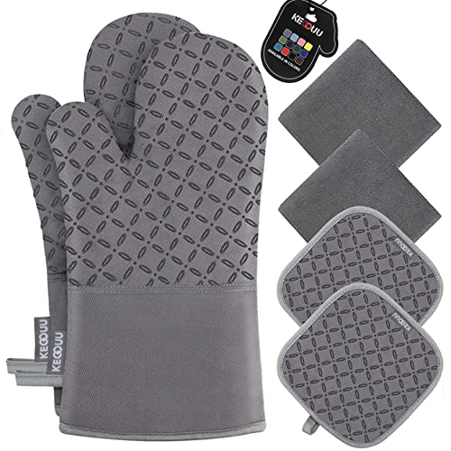 KEGOUU Oven Mitts and Pot Holders 6pcs Set, Kitchen Oven Glove High Heat Resistant 500 Degree Extra Long Oven Mitts and Potholder with Non-Slip Silicone Surface for Cooking (Grey) - Pink