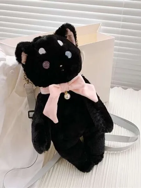 Mini Cartoon Cat Design Bow Decor Fluffy Backpack