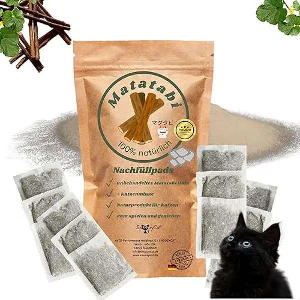 SNOOZYCAT® Matatabi Silvervine mit Catnip10 Stück Nachfüllpads für Katzenkissen zum nachfüllen, handgemacht, naturbelassenem Matatabi Holz aus Japan - Matatabi