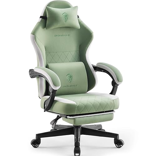 Dowinx Gaming Chair Fabric with Pocket Spring Cushion, High Back Ergonomic Computer Chair with Footrest for Adults, Massage Lumbar Support Swivel Game Chair for Office Gaming 300LBS, Green - Green