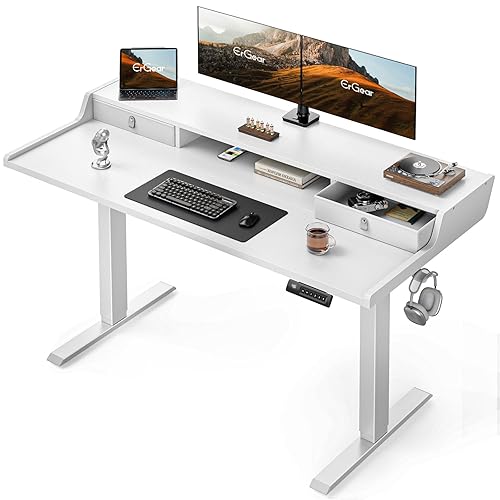 ErGear Electric Standing Desk with Drawers, 55″ x 28″ Gaming Desk with Monitor Stand, C-Clamp Mount Compatible, Home Office Height-Adjustable Desk with Storage Shelf, 4 Preset Heights, White, EGESD36W - White - 55*28