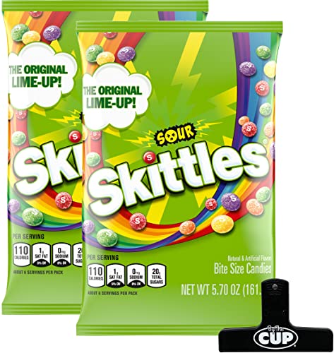 Sour Skittles Candy, 5.7 Ounce (Pack of 2) with By The Cup Bag Clip - 5.7 Ounce (Pack of 2)